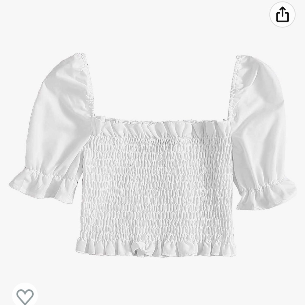 Women's Floral Puff Short Sleeve Summer Square Neck Crop Blouse Top White